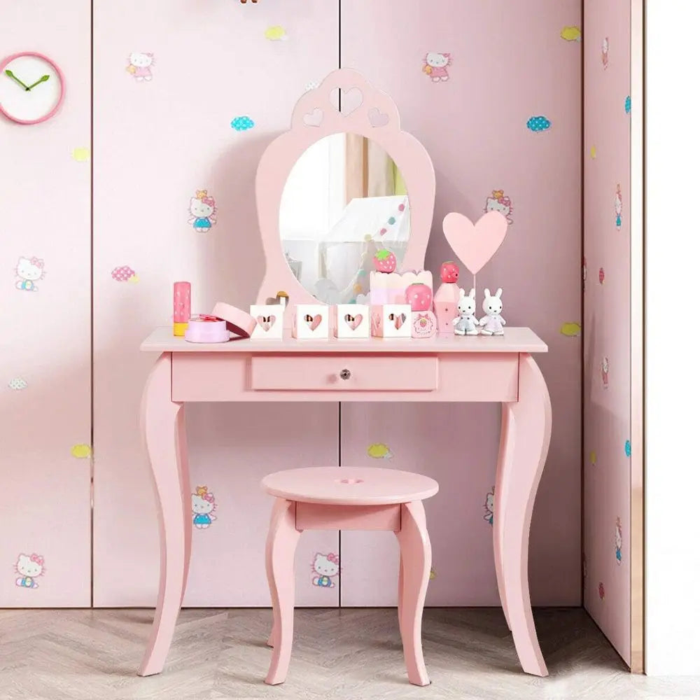 Wooden Kids Vanity Set With Mirror And Storage Stool