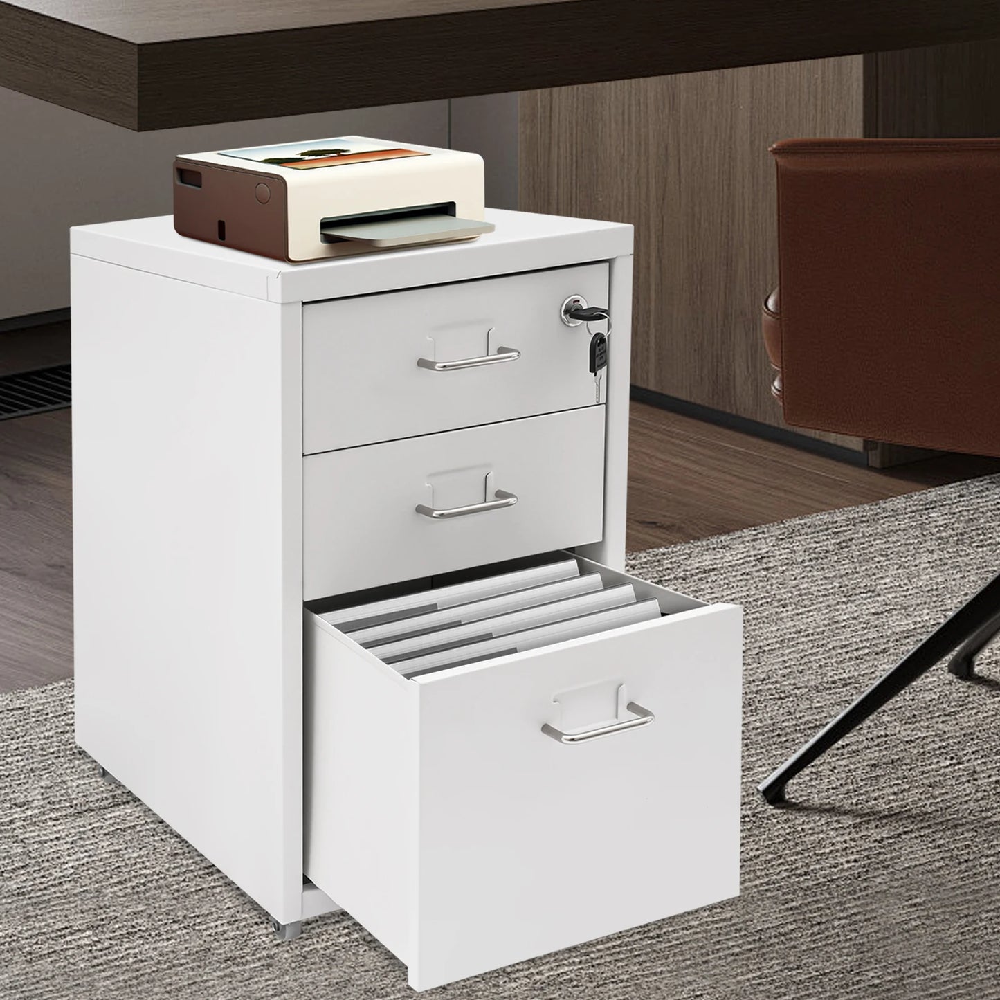 3-Tier Rectangular Metal Vertical Filing Cabinet With Mobile Lock
