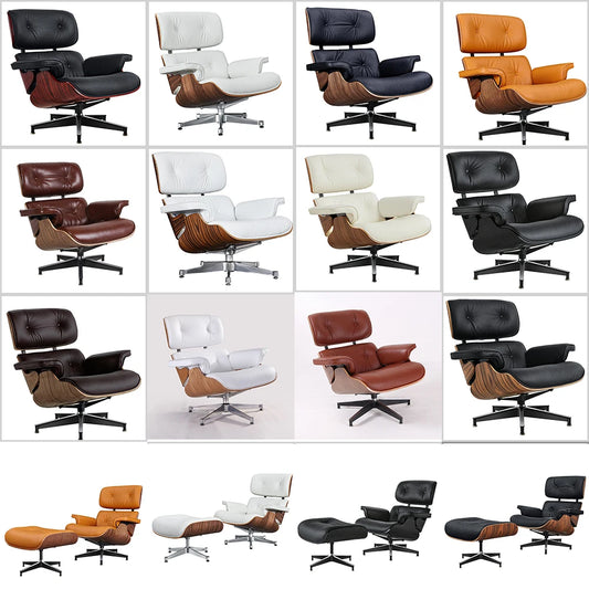 Genuine Leather Swivel Lounge Armchair With Ottoman