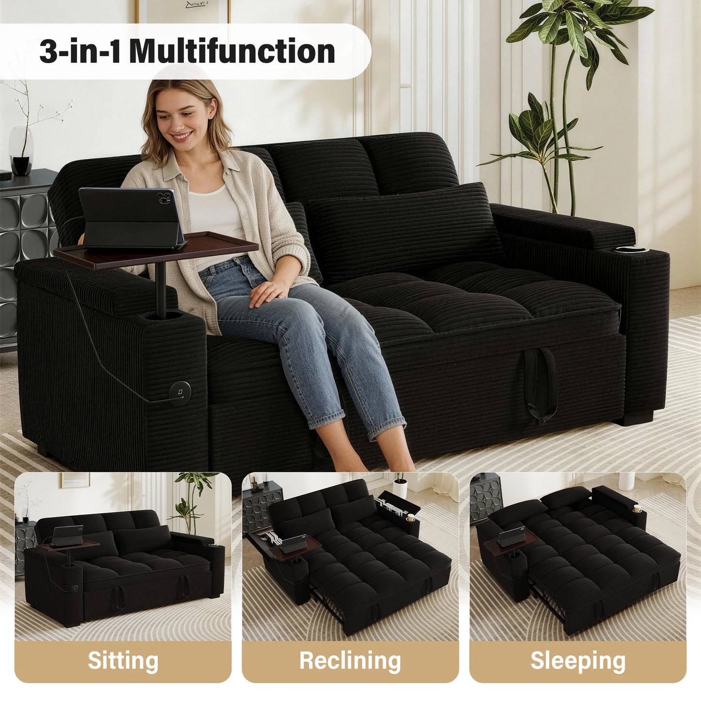 Foldable Convertible Sofa Bed With Integrated Usb Charging Ports