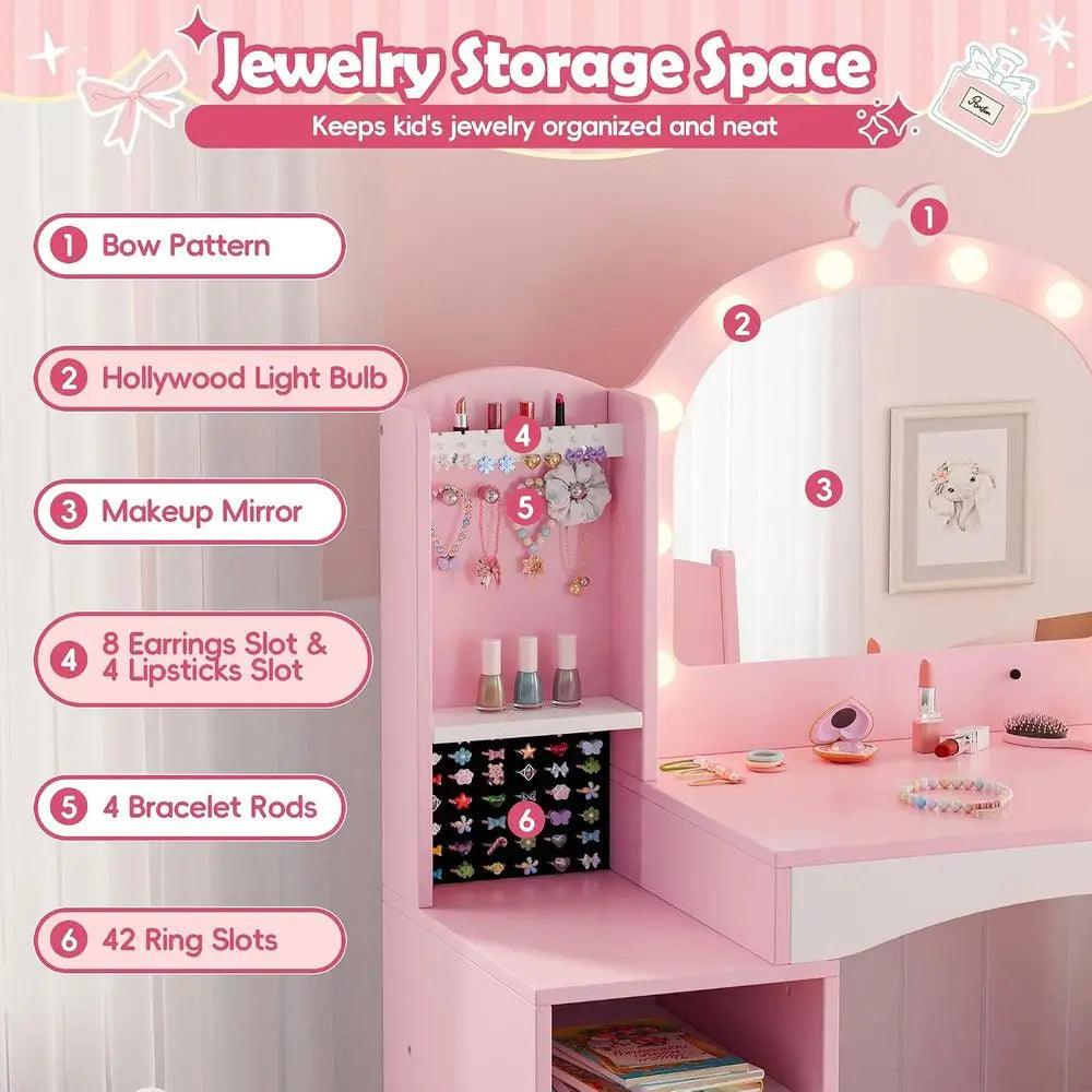Wooden Kids Vanity Table With Chair And Storage Mirror