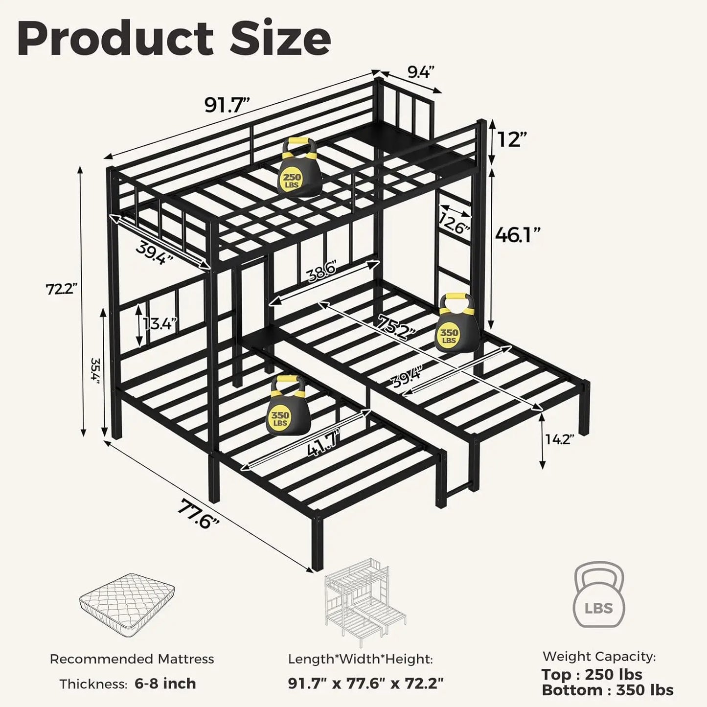 Heavy Duty Metal Triple Bunk Bed With Integrated Safety Guardrails