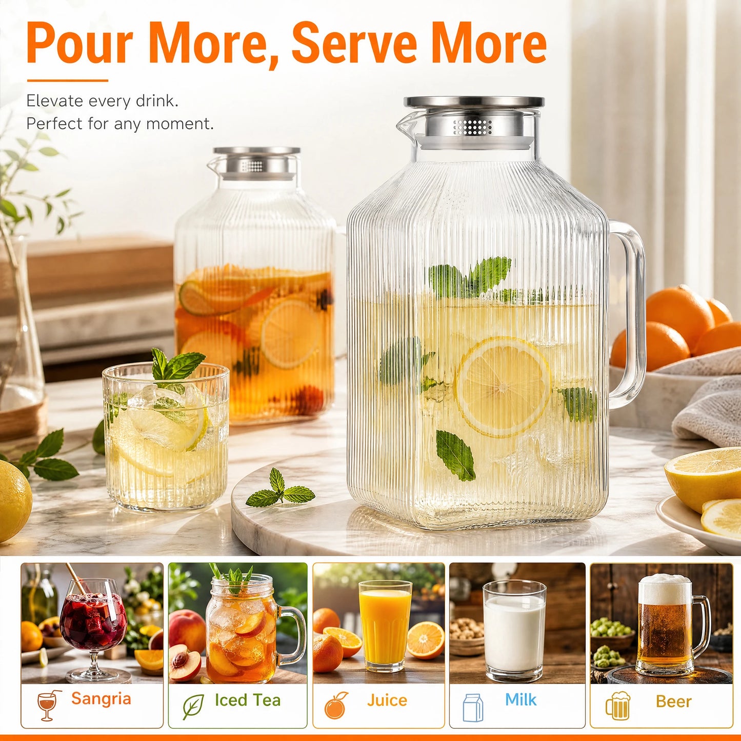 HiMISS Glass Water Pitcher With Strainer Lid For Beverages