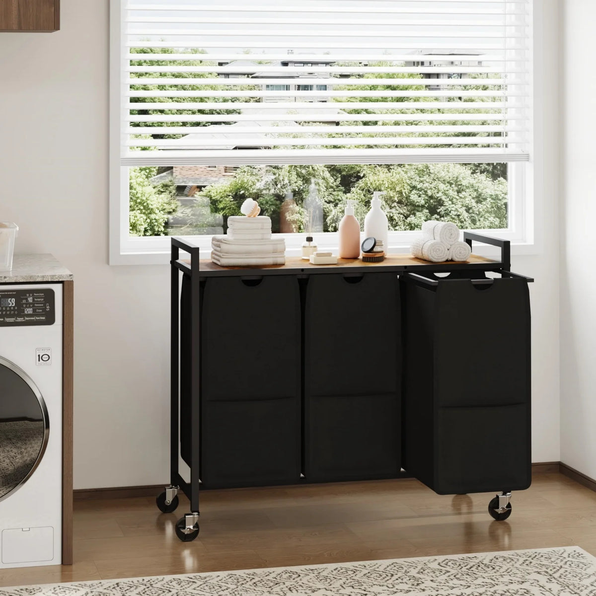 HiMISS Rolling Laundry Hamper With Shelf And Three Removable Bags