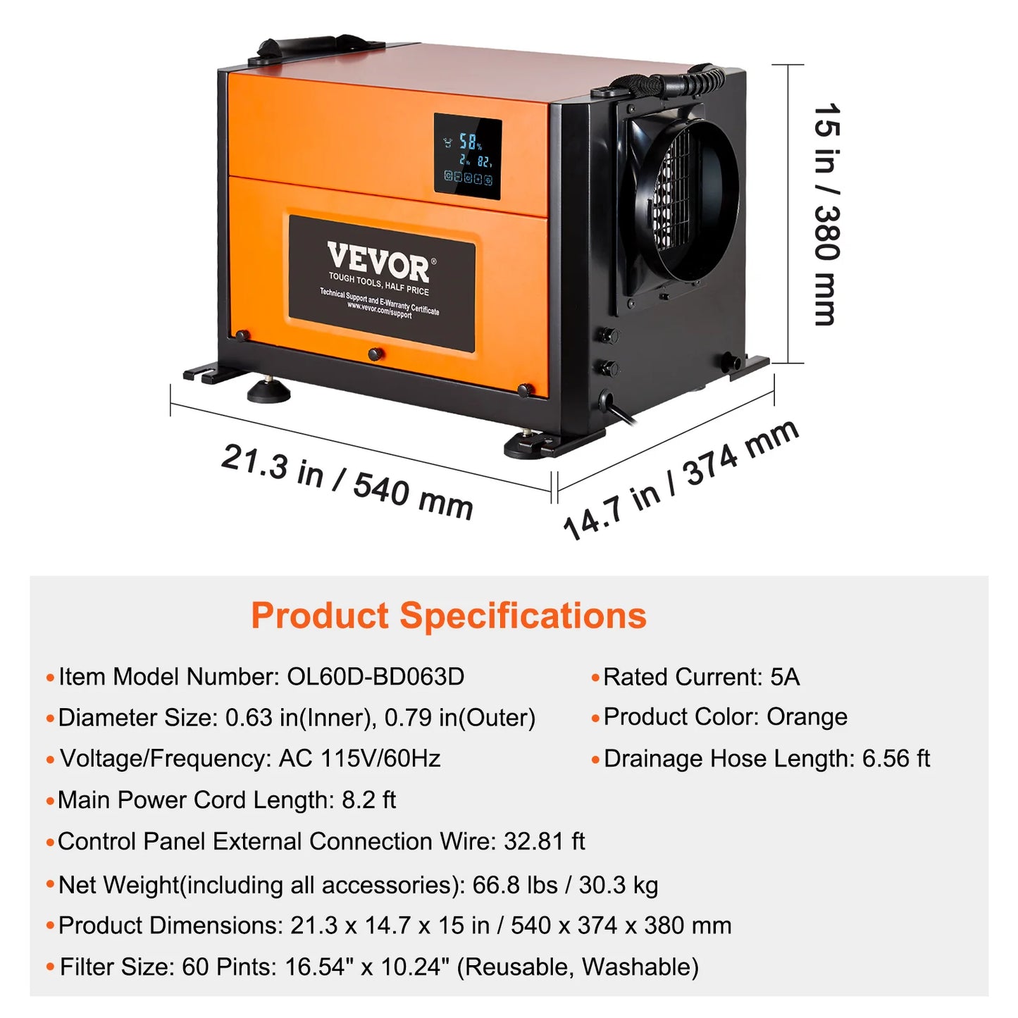 VEVOR Commercial Dehumidifier With Drain Hose For Basements And Warehouses