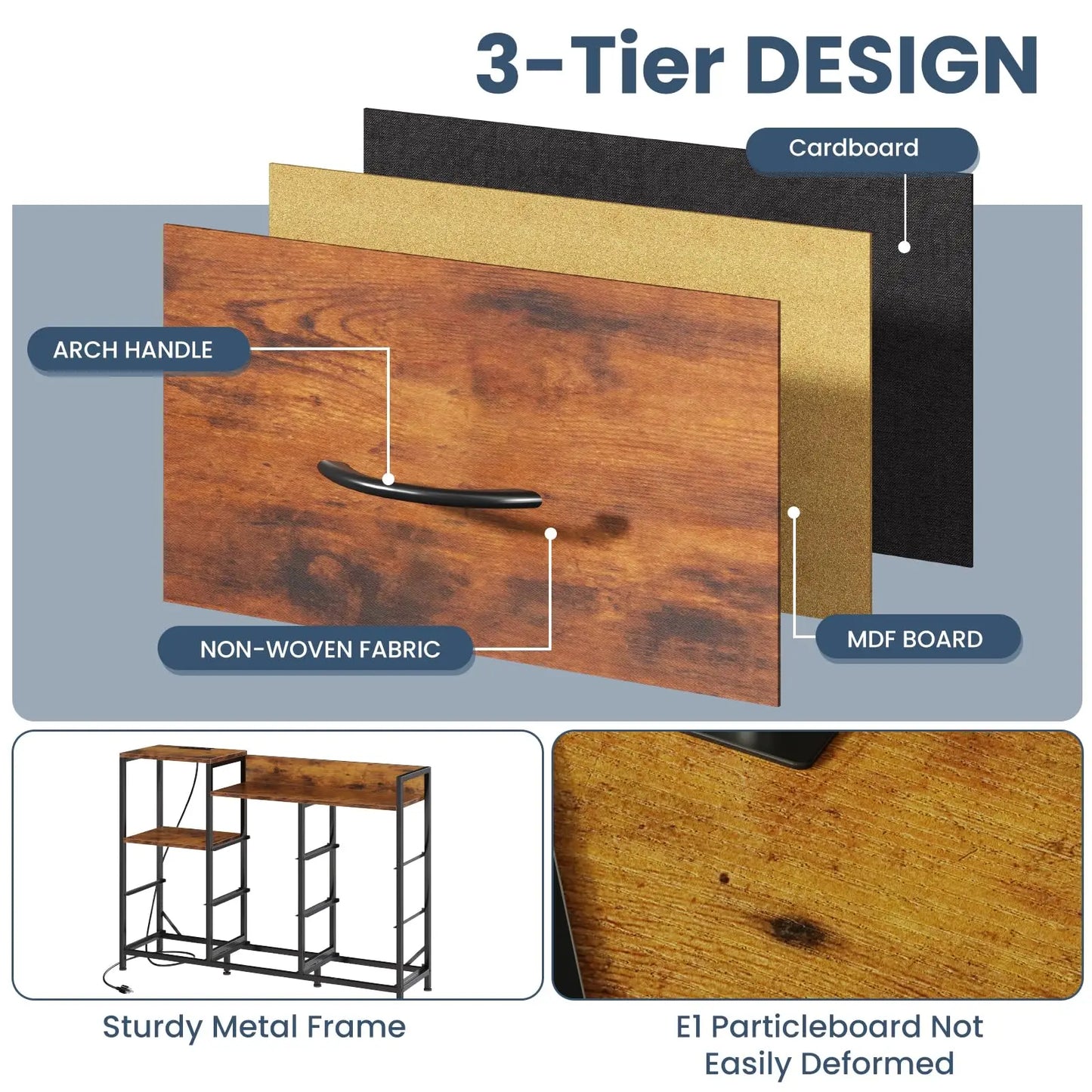 JHK Modern TV Stand With Fabric Drawers And Charging Station