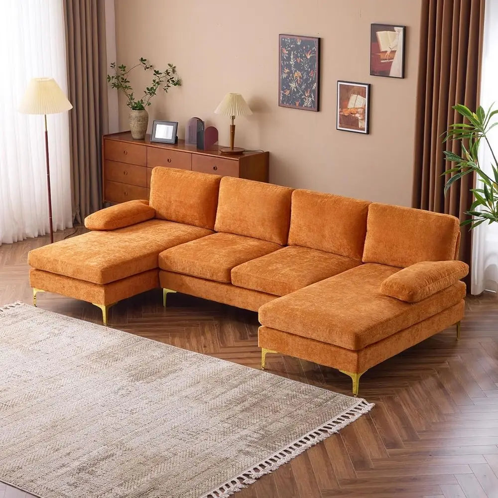 Four Seat Chenille Upholstered Sectional Sofa With Double Chaise