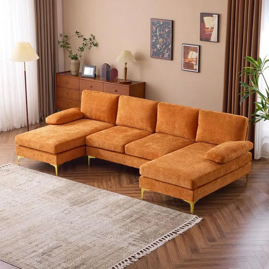 Four Seat Chenille Upholstered Sectional Sofa With Double Chaise