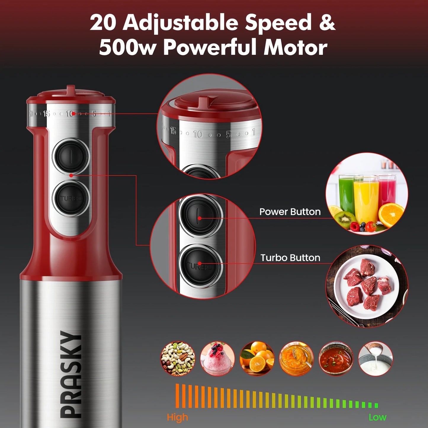 Prasky Handheld Immersion Blender With Whisk And Meat Chopper