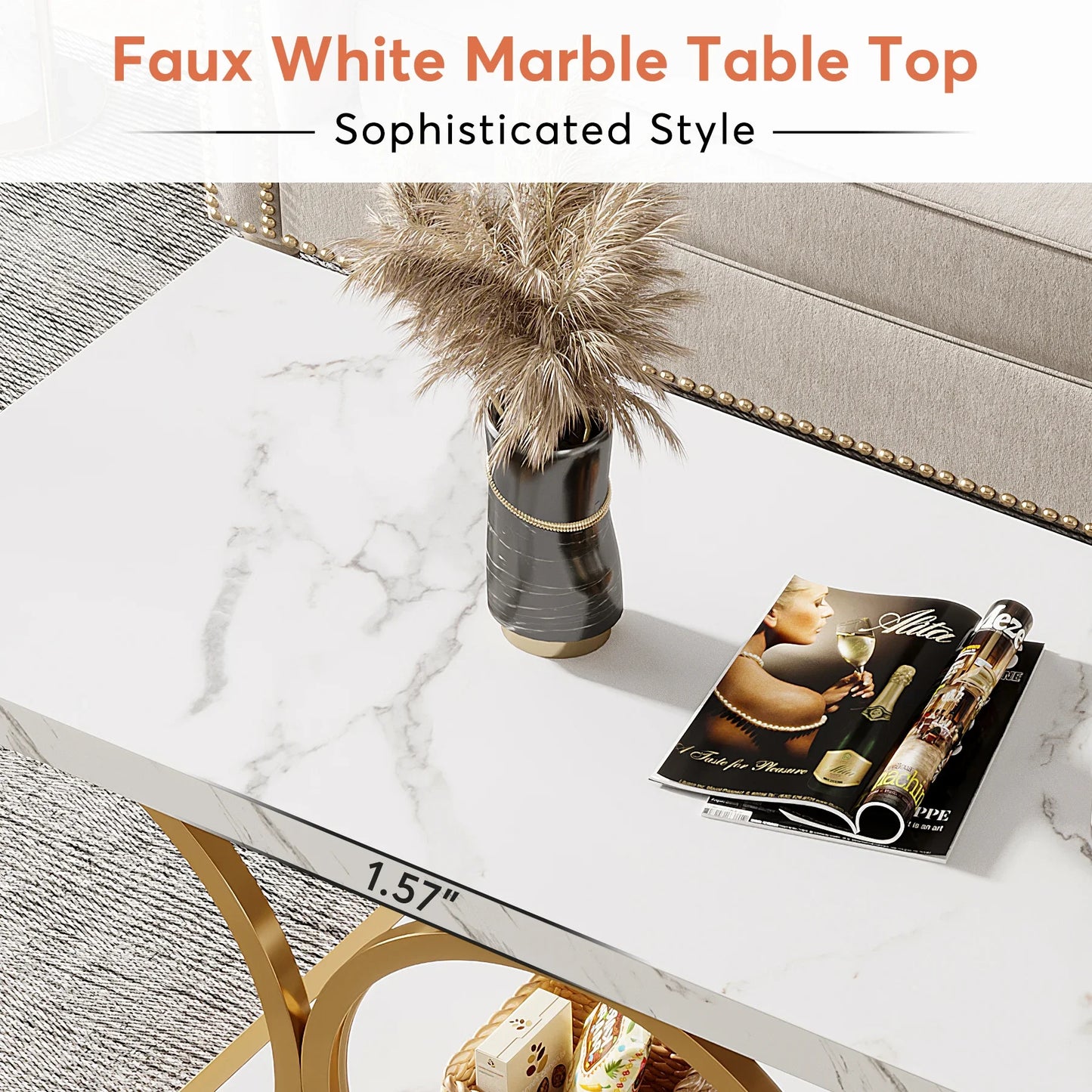 Tribesigns Modern Rectangle Coffee Table With Two Tier Shelves