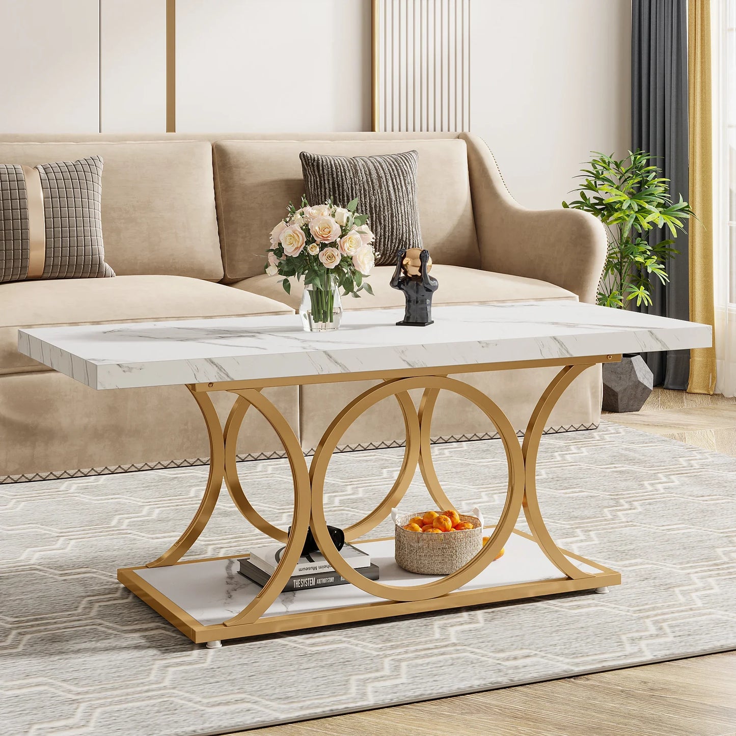 Tribesigns Modern Rectangle Coffee Table With Two Tier Shelves