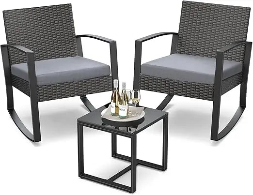 3 Piece Outdoor Rattan Rocking Bistro Set With Coffee Table