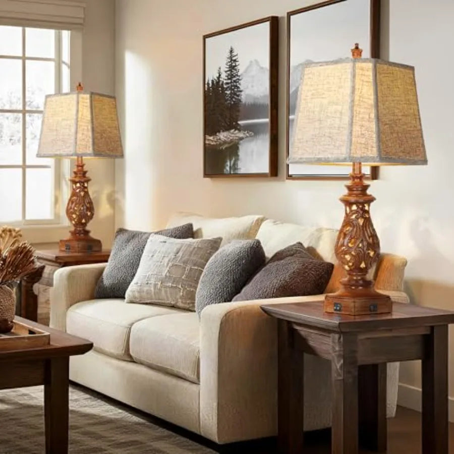 Farmhouse Table Lamps With Usb Charging Ports And Linen Shades