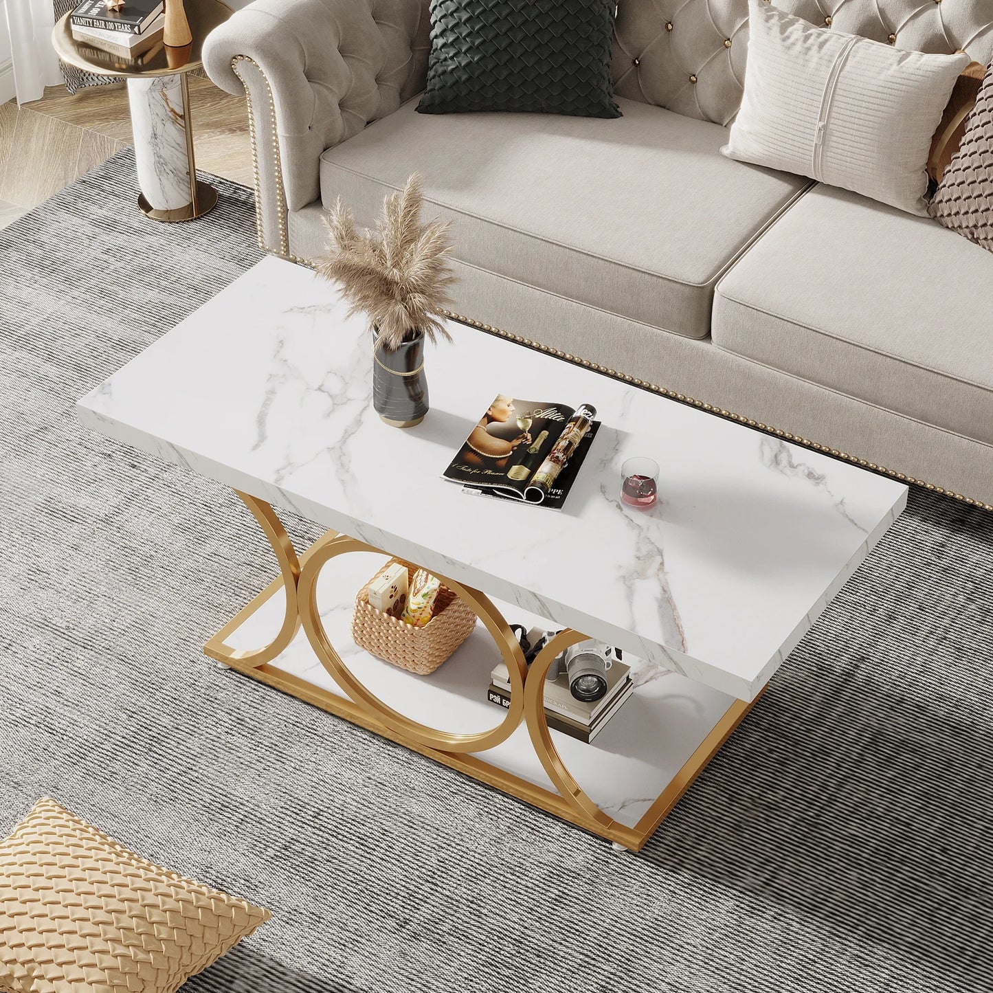 Tribesigns Modern Rectangle Coffee Table With Two Tier Shelves