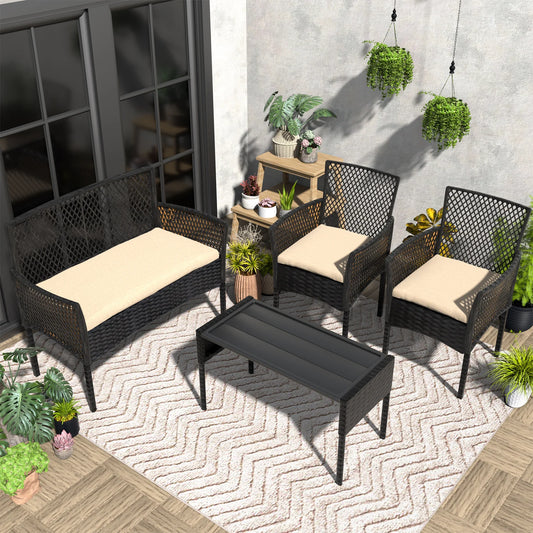 Wicker Patio Furniture Set With Cushioned Sofa And Coffee Table