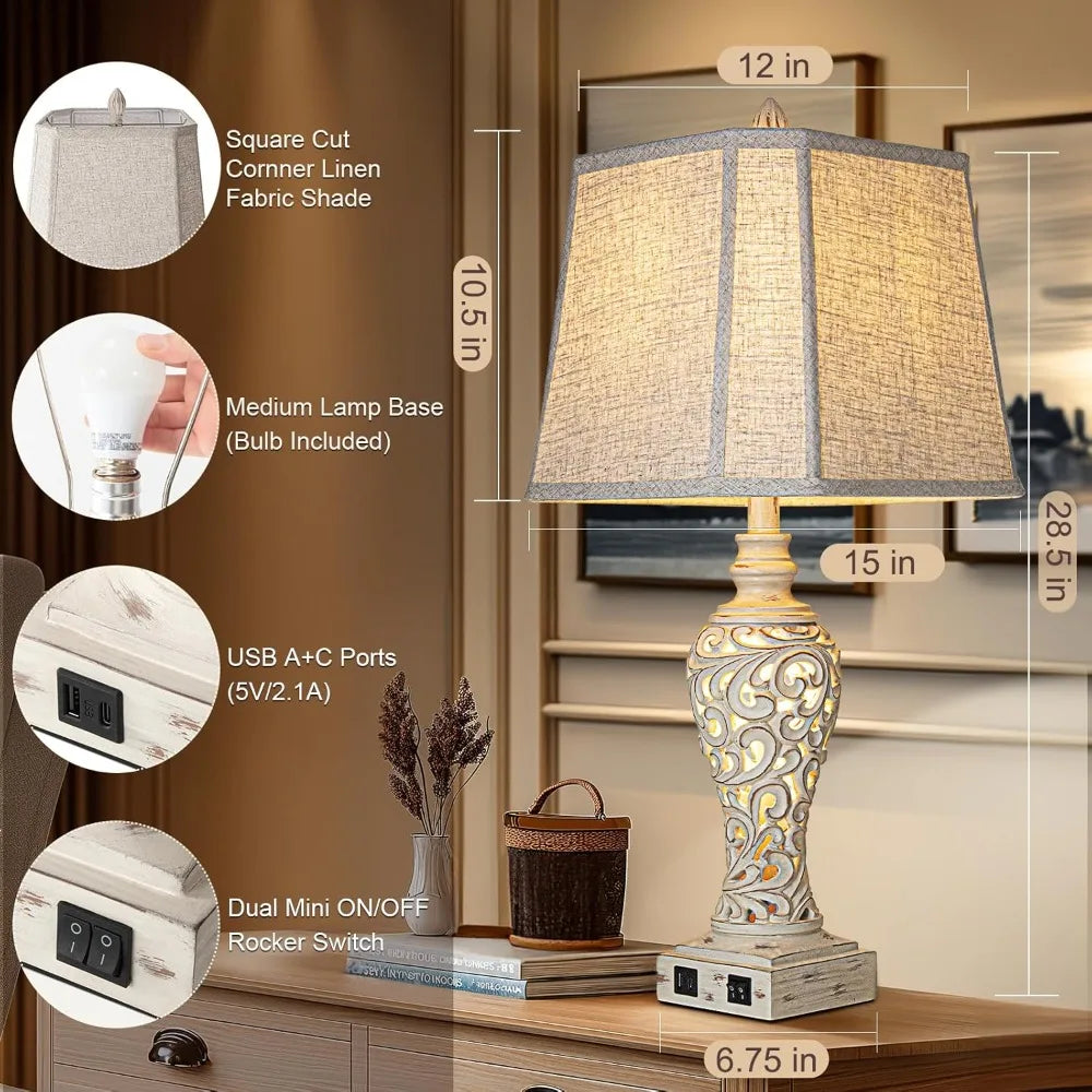Two Fabric Table Lamps With Usb Port And Night Light