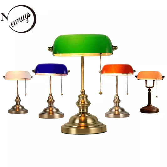 Classical Glass And Iron Bankers Desk Lamp With Zipper Switch
