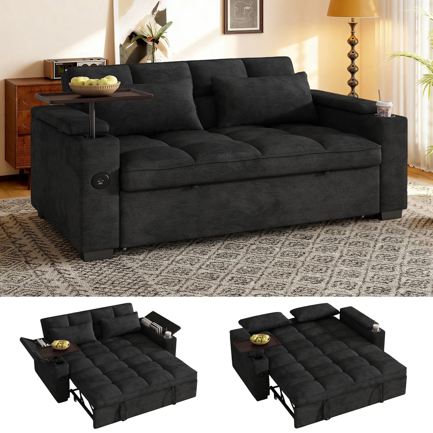 Foldable Convertible Sofa Bed With Integrated Usb Charging Ports