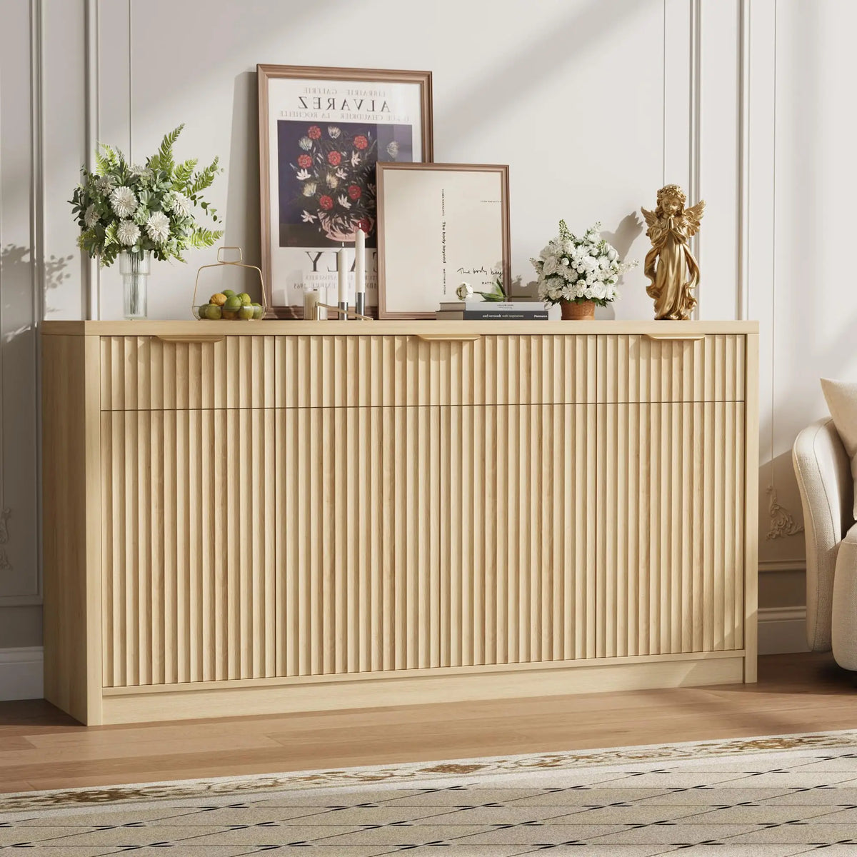 HiMISS Fluted Sideboard Cabinet With Drawers And Adjustable Shelves