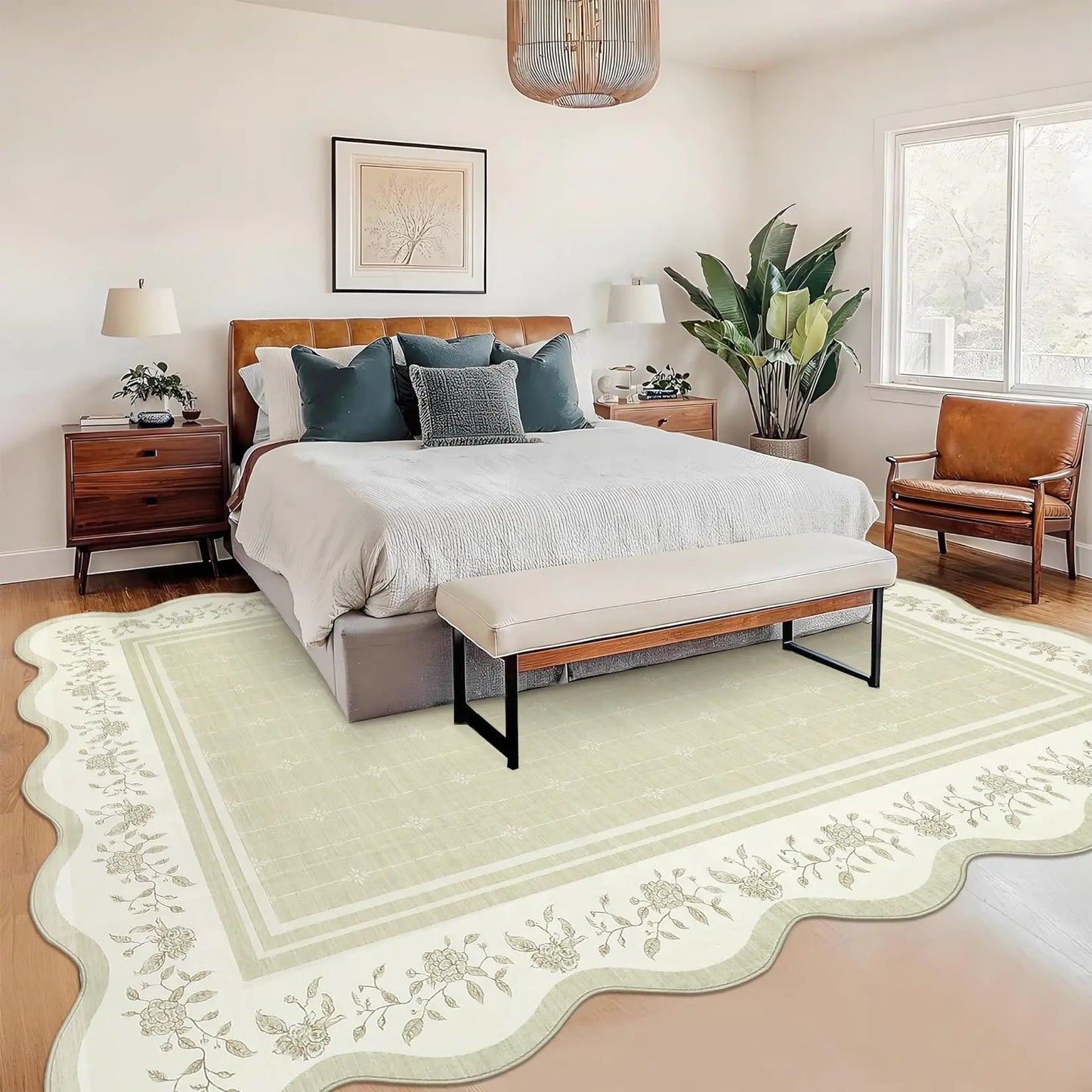 Foldable Low Pile Washable Area Rug Featuring Modern Scalloped Edge