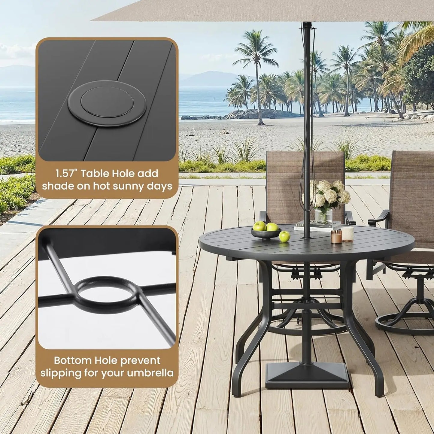 Farini Metal Round Outdoor Patio Dining Table With Umbrella Hole