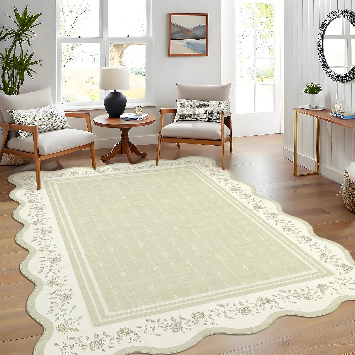 Foldable Low Pile Washable Area Rug Featuring Modern Scalloped Edge