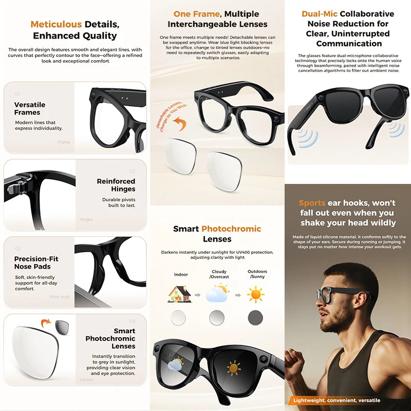 Yaocx Smart Glasses With 8MP Camera AI Translation Voice Control