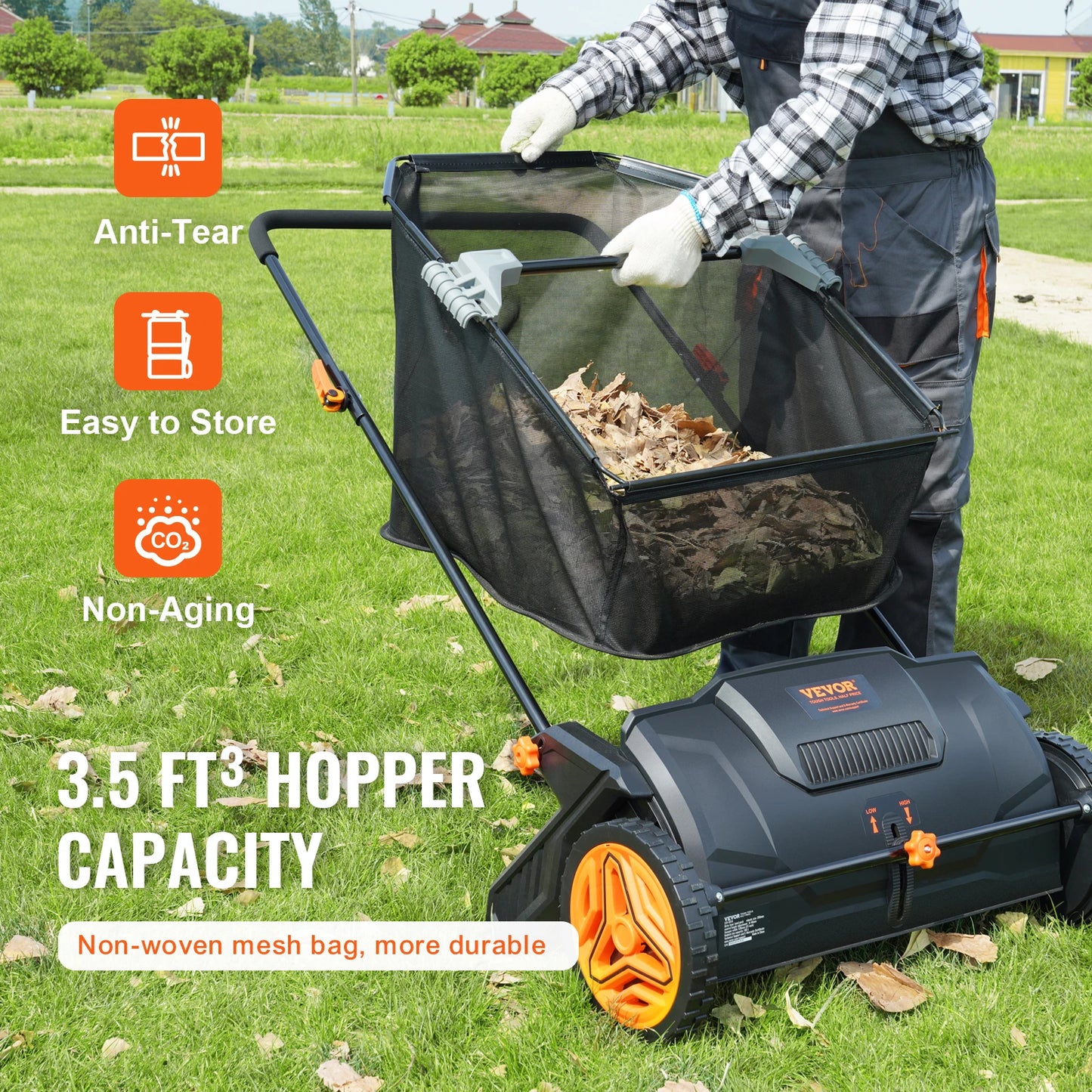 Push Lawn Sweeper With Dual Brushes And Mesh Collection Hopper