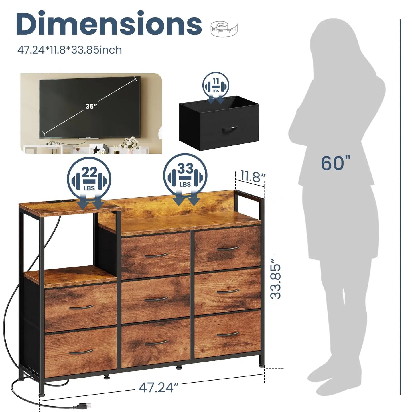 JHK Modern TV Stand With Fabric Drawers And Charging Station