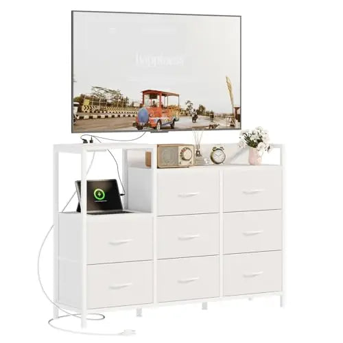 JHK Modern TV Stand With Fabric Drawers And Charging Station