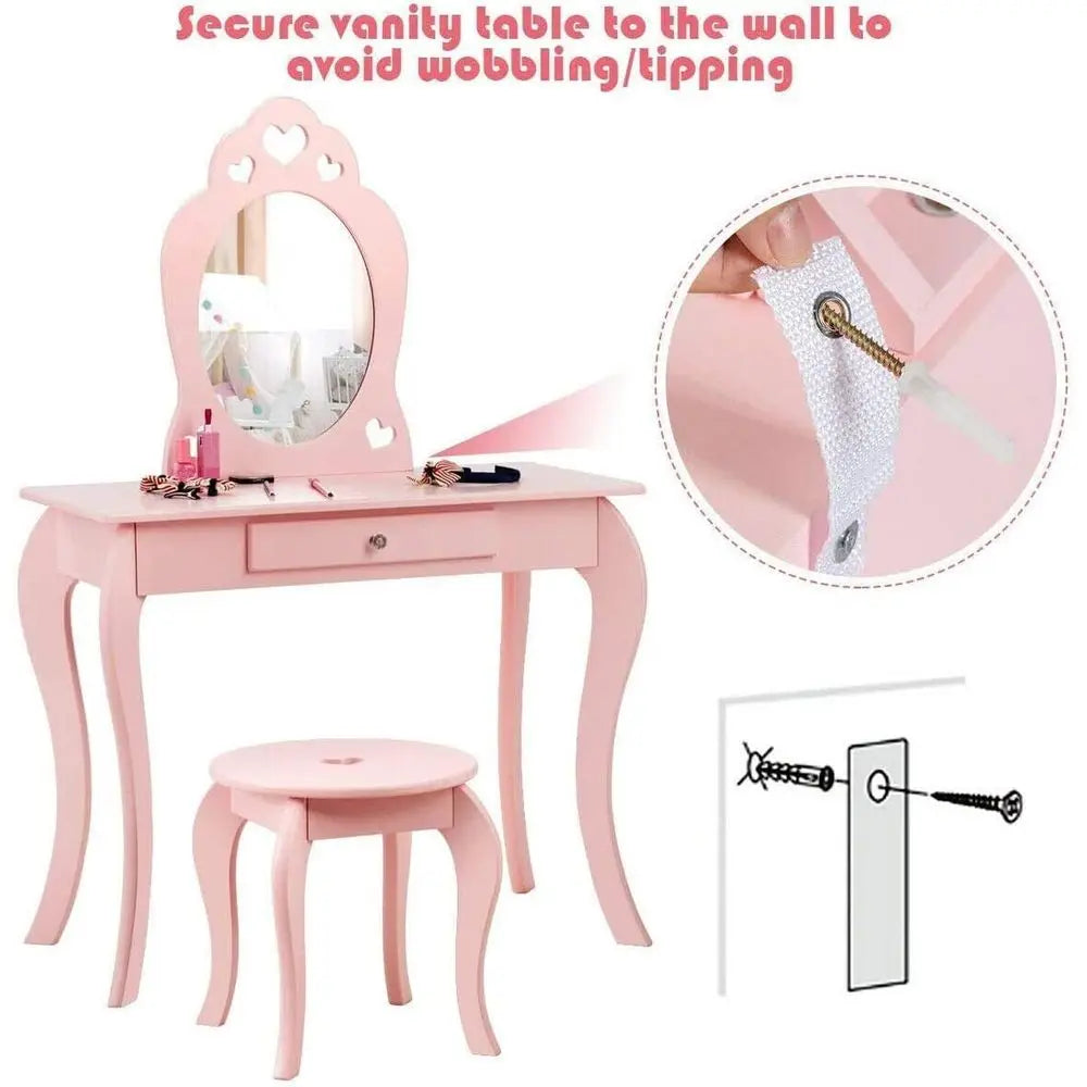 Wooden Kids Vanity Set With Mirror And Storage Stool
