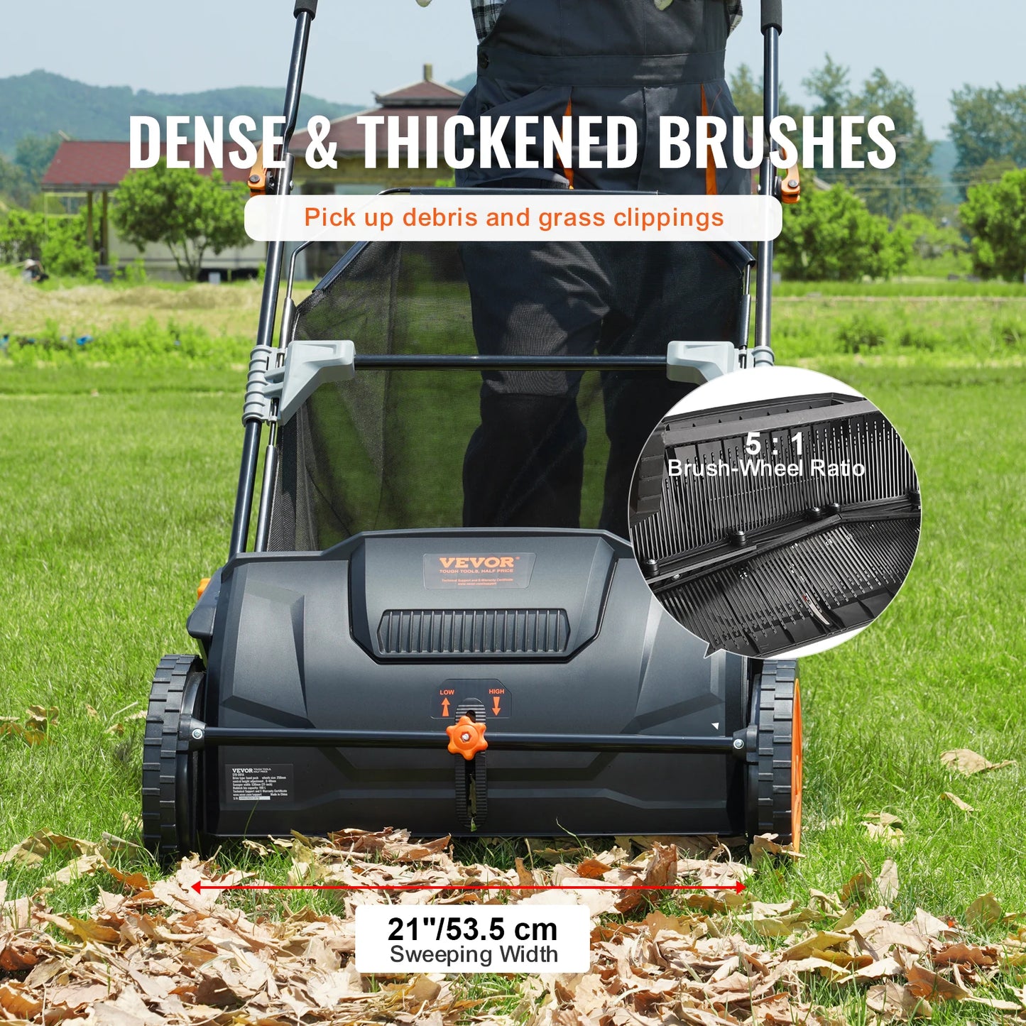Push Lawn Sweeper With Dual Brushes And Mesh Collection Hopper