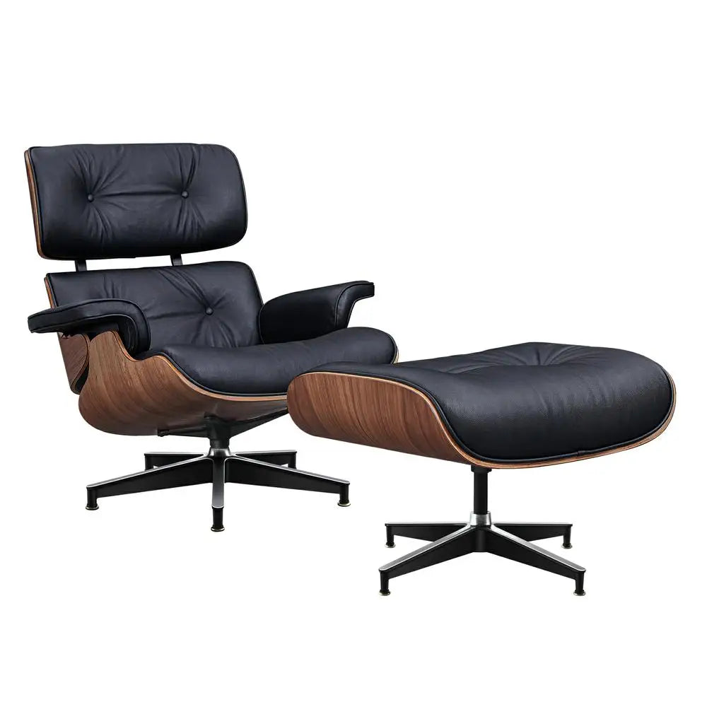 Genuine Leather Swivel Lounge Armchair With Ottoman