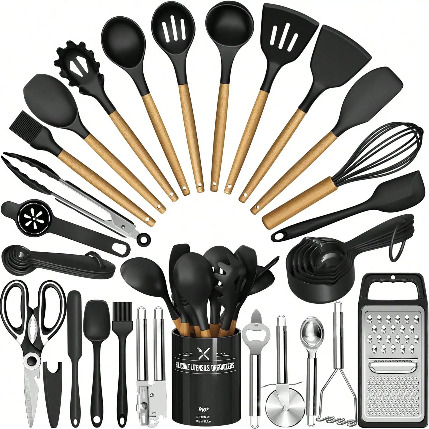 Heat Resistant Silicone Kitchen Utensils Set With Wooden Handles
