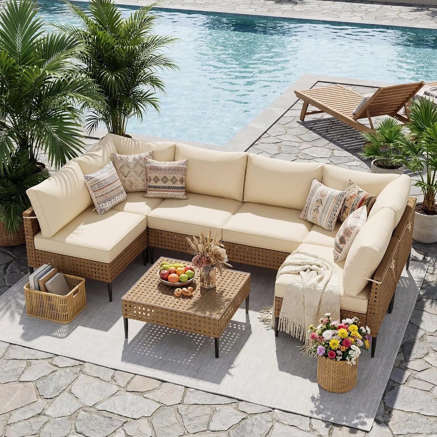 Modern Outdoor Patio Sectional Sofa With Glass Coffee Table
