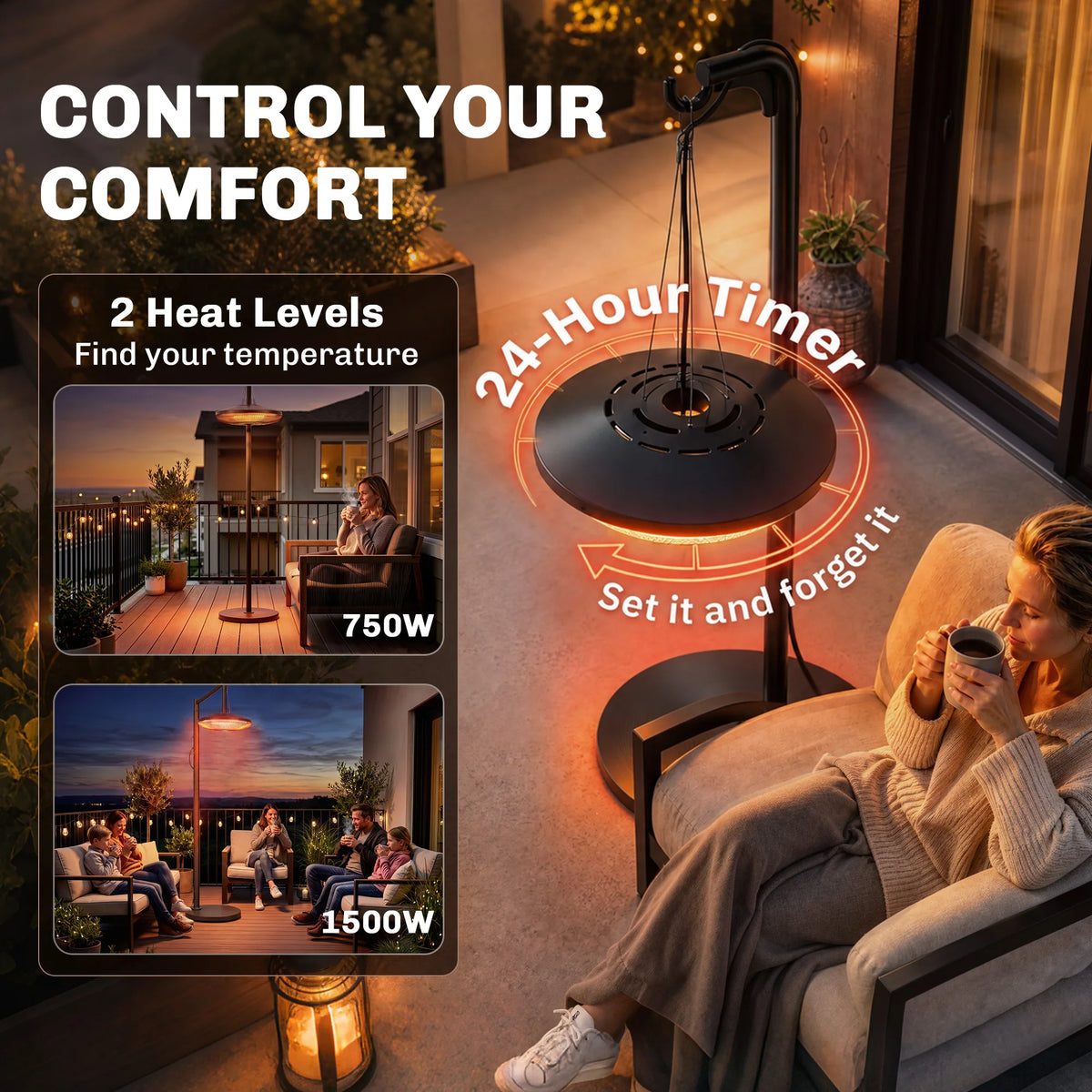 Outsunny Electric Hanging Patio Heater With LED Light Dual Heat