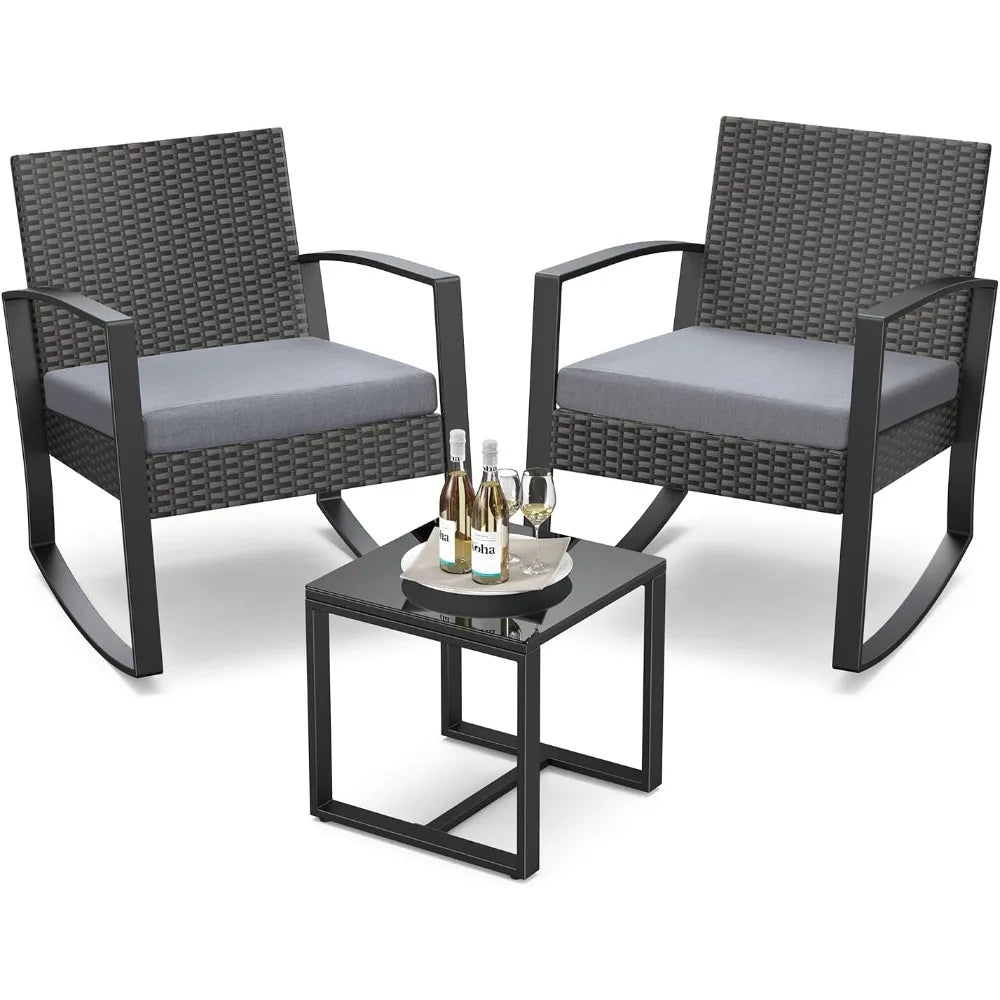 3 Piece Outdoor Rattan Rocking Bistro Set With Coffee Table