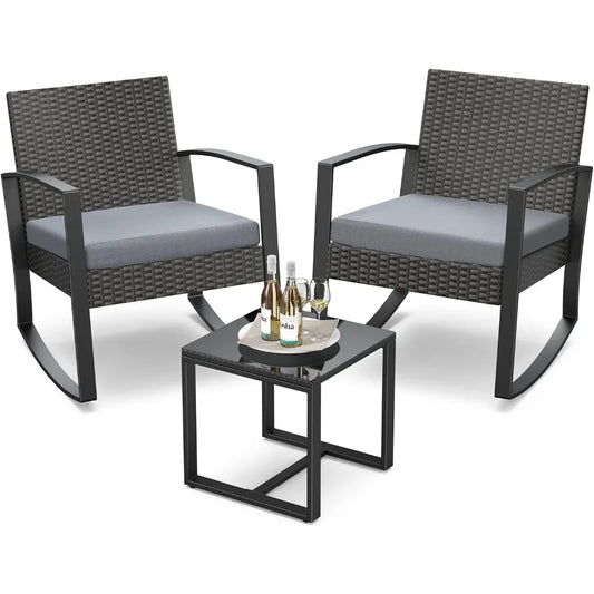 3 Piece Outdoor Rattan Rocking Bistro Set With Coffee Table