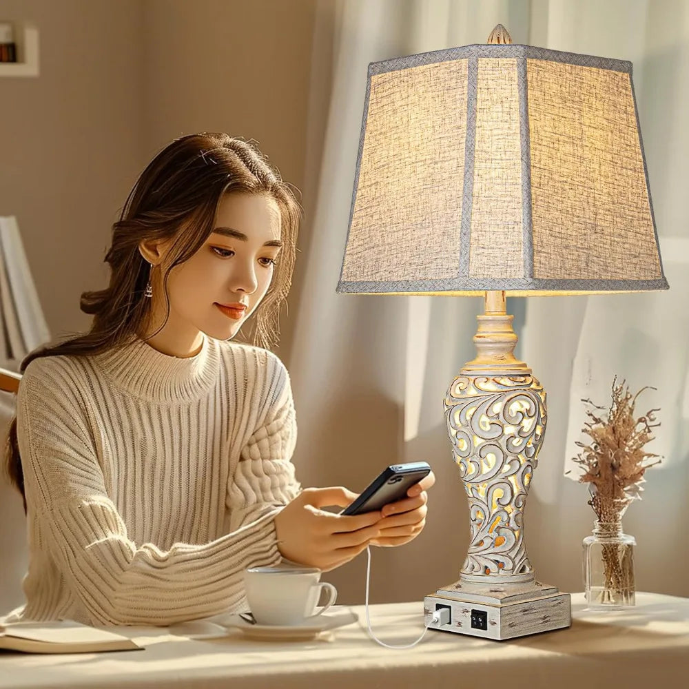 Two Fabric Table Lamps With Usb Port And Night Light