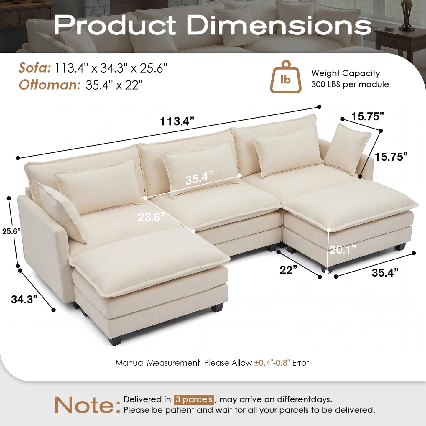 Modern Modular Sectional Sofa With Ottoman And Deep Seat Design