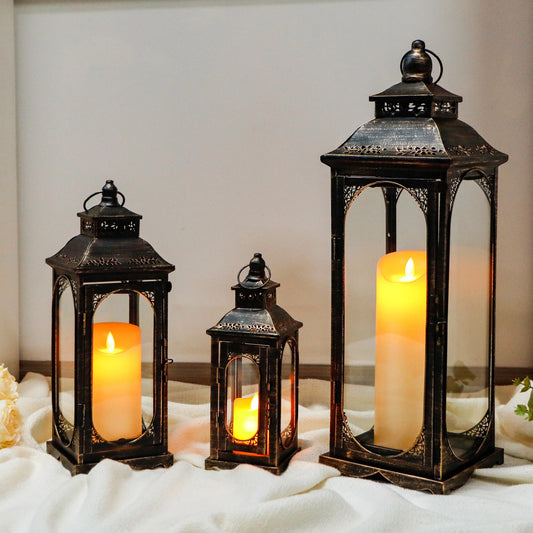Set of 3 Vintage Candle Lanterns 10/14/19.5''H Decorative Outdoor Lantern Metal Candle Holder with Tempered Glass for Home