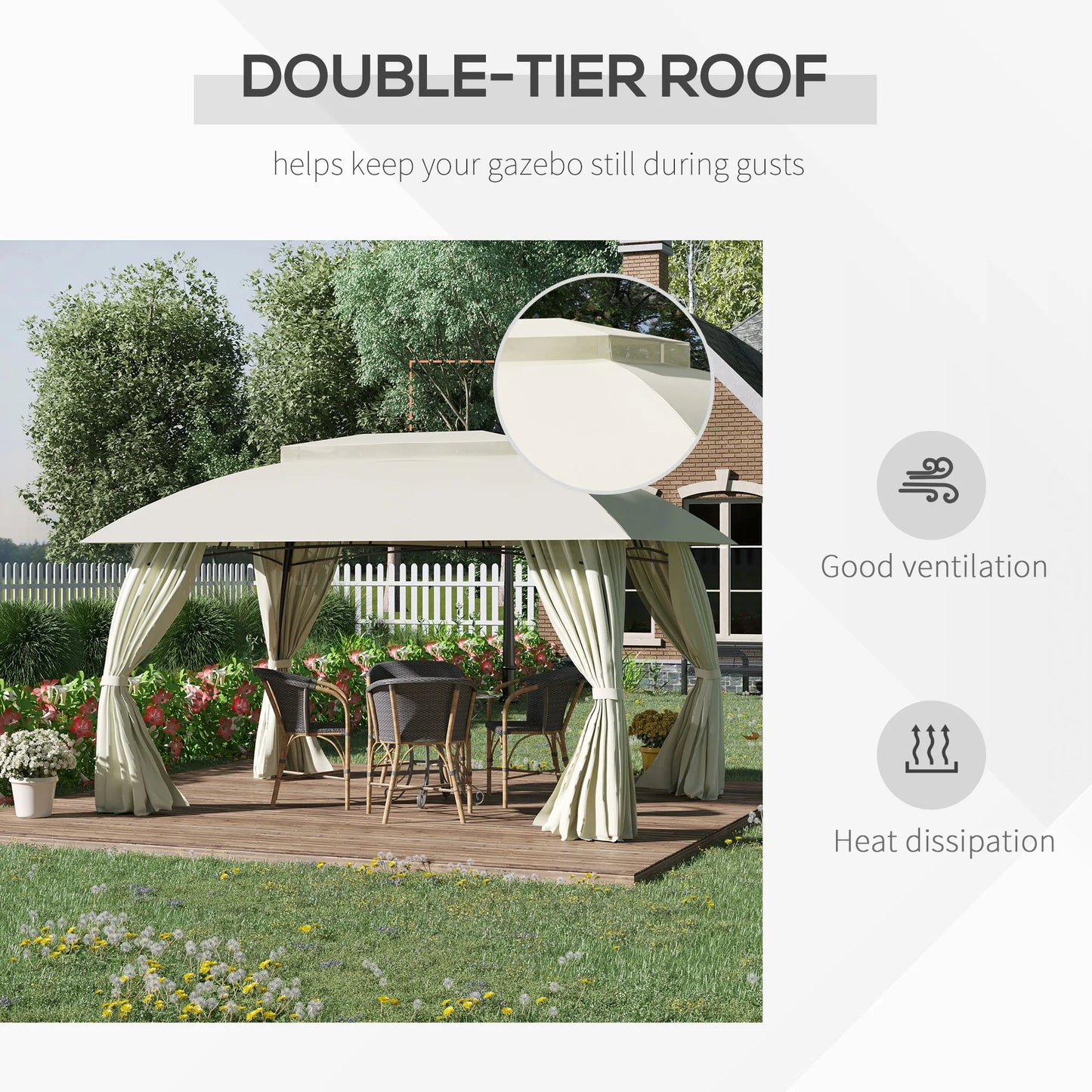 Double Vented Steel Patio Gazebo With Polyester Canopy And Curtains