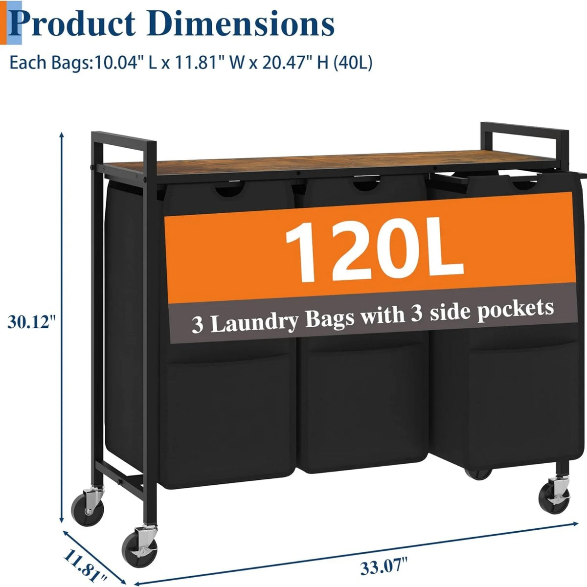 HiMISS Rolling Laundry Hamper With Shelf And Three Removable Bags