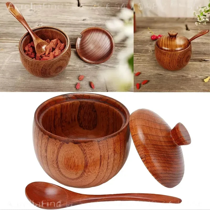 Jujube Wood Seasoning Box With Spoon And Lid Kitchen Storage
