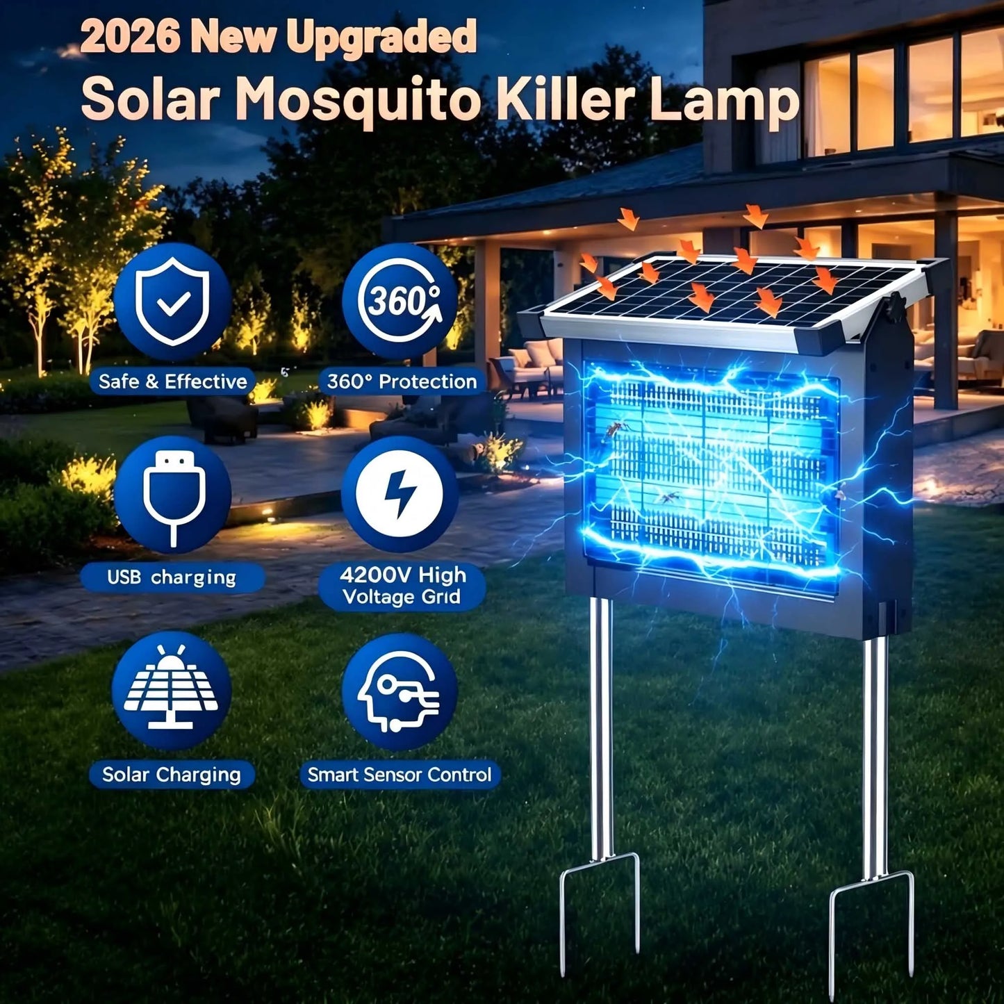 Solar Powered Outdoor Mosquito Zapper With Waterproof Shell