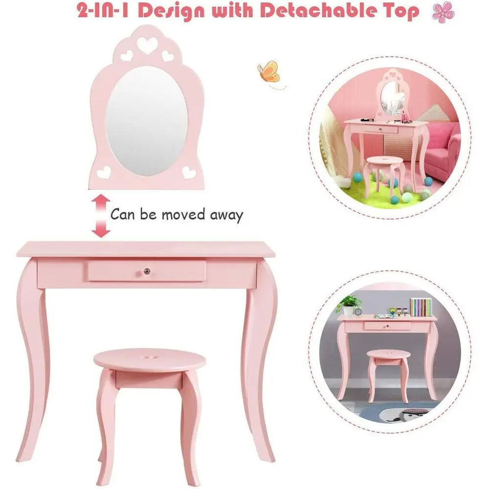 Wooden Kids Vanity Set With Mirror And Storage Stool