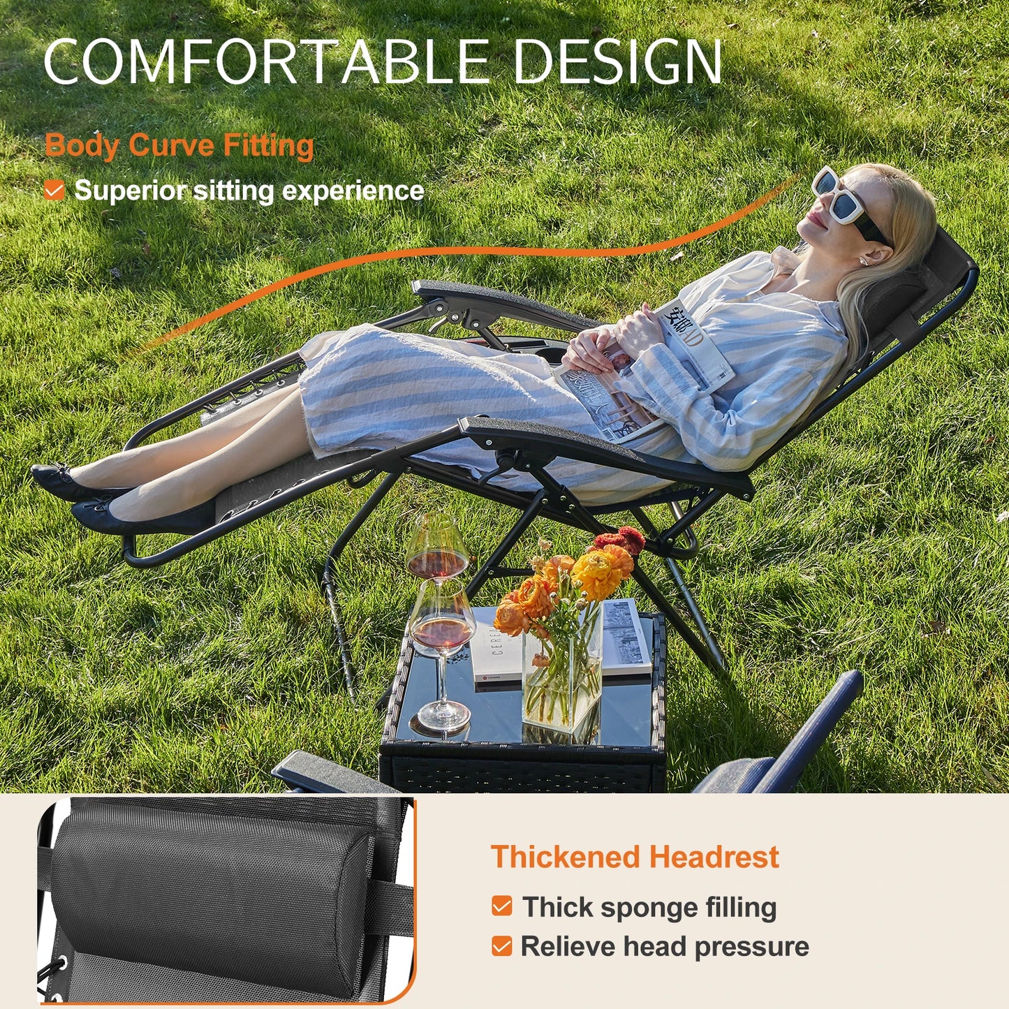 JHK Zero Gravity Outdoor Lounge Chair With Adjustable Pillow