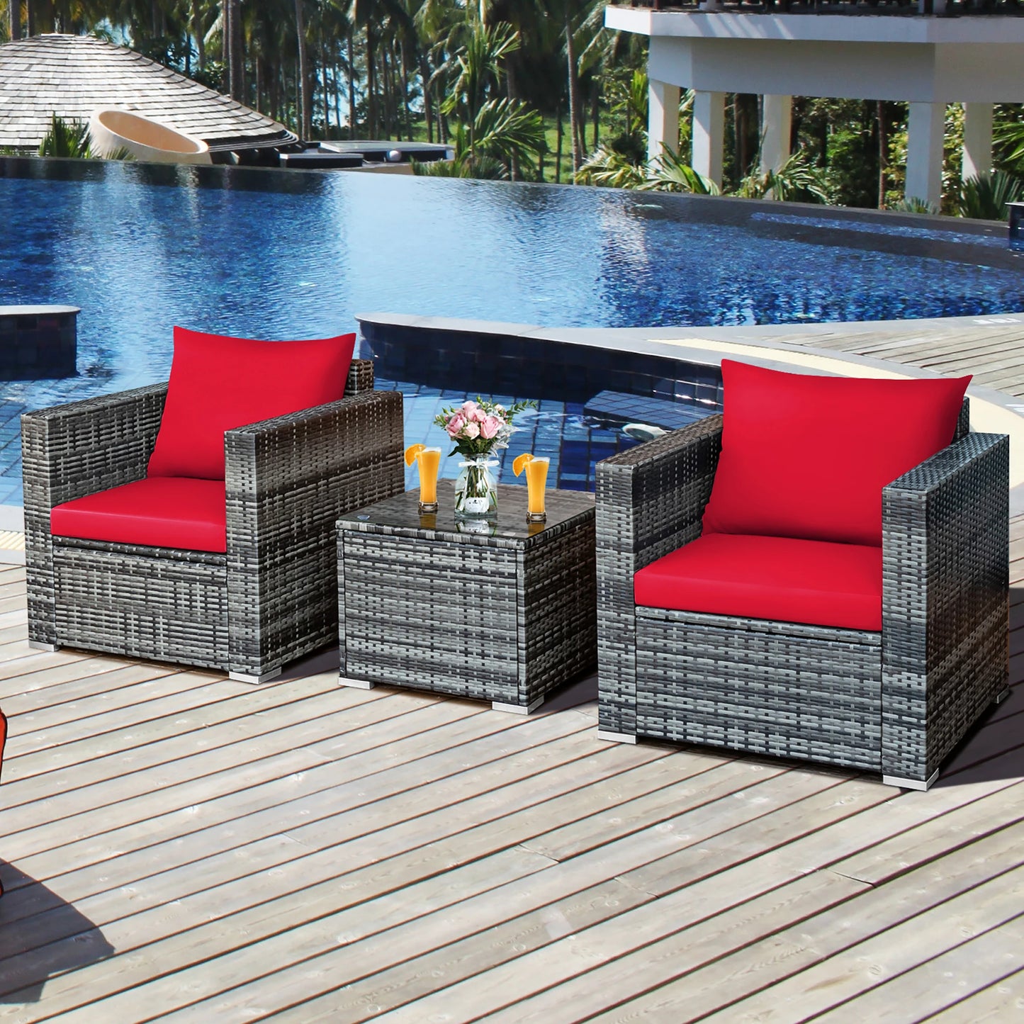 HOMASIS Outdoor Rattan Bistro Sofa Chair Table Cushioned Set