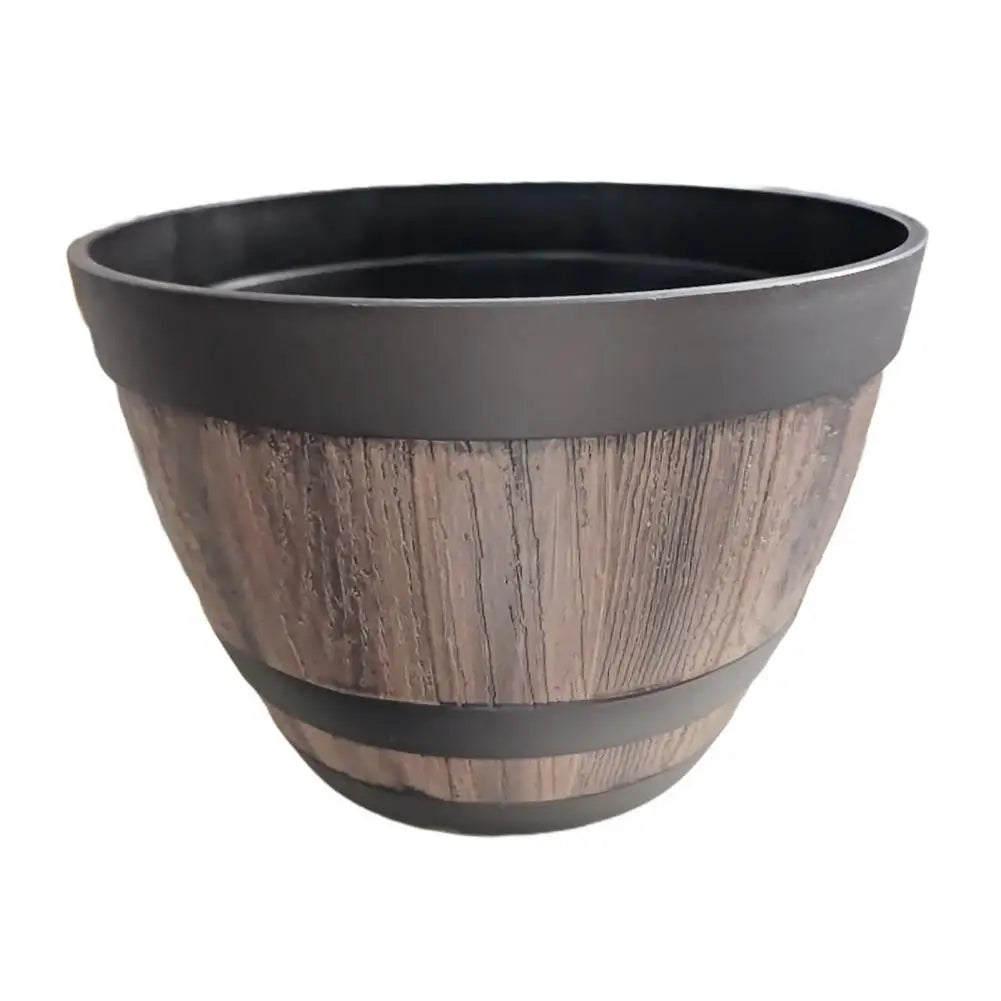 Rustic Faux Wooden Barrel Planter For Garden Patio Decor