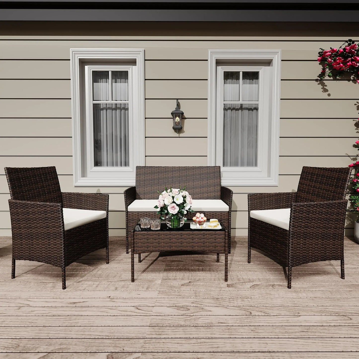 HiMISS 4 Piece Outdoor Rattan Patio Set With Glass Table